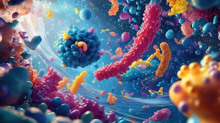 Poster - A colorful image of bacteria and viruses floating in a blue ocean