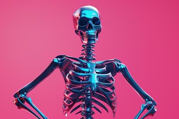 Wall Mural - A metallic skeleton stands against a pink background. AI.