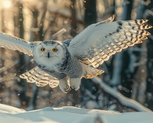 Canvas Print - A snowy owl in flight with its wings spread wide. AI.