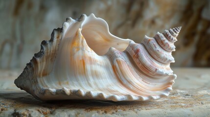 Poster - Close-up of a stunning seashell showcasing divine proportions and smooth curves in soft pastel hues against a neutral background