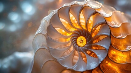 Poster - Close-up exploration of a nautilus shell revealing its elegant spiral and smooth textures under warm ambient light