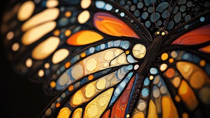 Poster - A close-up view of a butterfly's wings displaying intricate patterns and vibrant colors in natural light