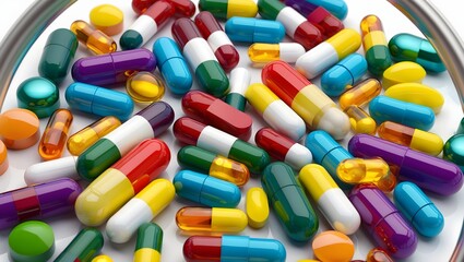 Variety of colorful pills and capsules. Assorted Antibiotics Capsules and Pills for Pharmaceutical Treatment. medicine or supplements such as capsules or tablets placed on a white surface.