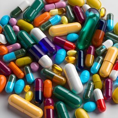 Variety of colorful pills and capsules. Assorted Antibiotics Capsules and Pills for Pharmaceutical Treatment. medicine or supplements such as capsules or tablets placed on a white surface.