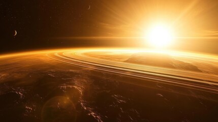 Poster - A magnificent space station orbits a massive exoplanet with glowing rings under a distant sun, showcasing celestial wonder