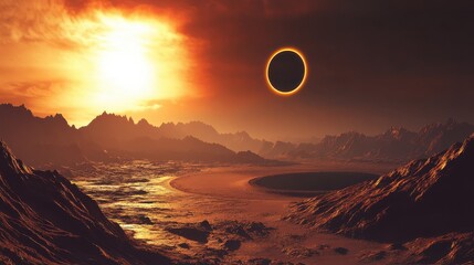 Wall Mural - solar eclipse casting long shadows over alien terrain on a newly discovered exoplanet