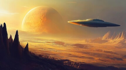 Poster - A mysterious alien spacecraft hovers above a newly discovered exoplanet, exploring its rugged terrain and unique atmosphere