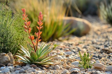 Poster - Aloe Vera Plant with Orange Flowers Blooming in a Stony Environment