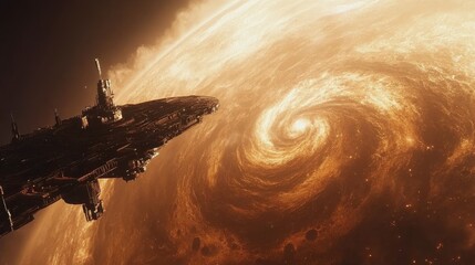 Poster - A colossal space station orbits a vibrant gas giant, showcasing swirling storms in the atmosphere below during a cosmic journey