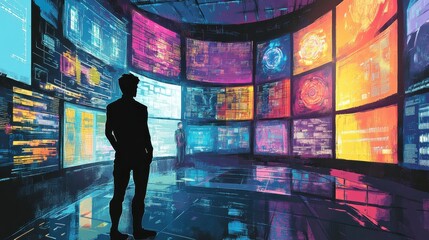 Leinwandbilder - a hand-drawn view of a futuristic lab showcasing an ai prototype surrounded by vibrant data displays