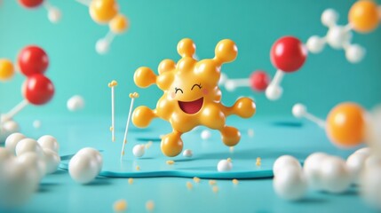 Poster - A vibrant cartoon protein character joyfully builds itself with colorful amino acids in a playful laboratory setting