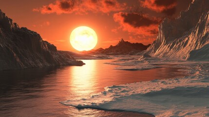 Poster - Frozen exoplanet reflecting the light of a dying red giant star in a surreal cosmic landscape