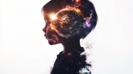 Poster - A child's silhouette filled with clock gears and swirling galaxies symbolizes timelessness and the profound ability to manipulate time