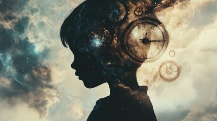 Poster - A child with the power to manipulate time, their silhouette filled with clock gears and swirling galaxies, evokes a sense of timelessness