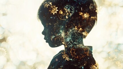 Poster - A child with the power to manipulate time, depicted through a double exposure of gears and galaxies, embodies a journey through timelessness