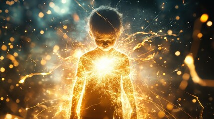 Poster - A child generating electricity surrounded by bright sparks and glowing energy in a vibrant double exposure effect