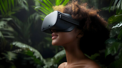 Poster - A woman using a VR headset amidst lush tropical foliage.