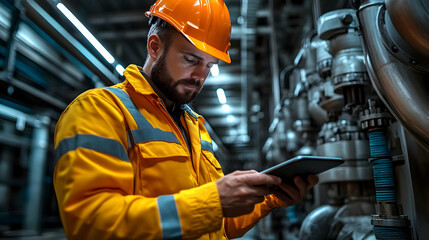 Poster - Worker in safety gear using a tablet in an industrial setting.