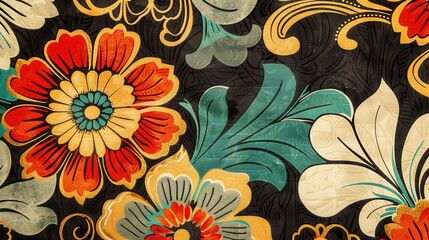 Poster - Vibrant vintage wallpaper design featuring bold flowers and intricate patterns in rich colors against a dark background