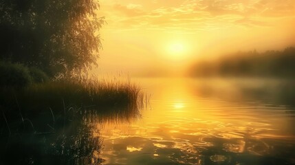 Aufkleber - Misty sunrise lights up a tranquil lake with warm golden hues and calm waters at dawn