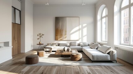 Poster - A large white living room with a white couch and a white coffee table. The room is well lit and has a modern feel