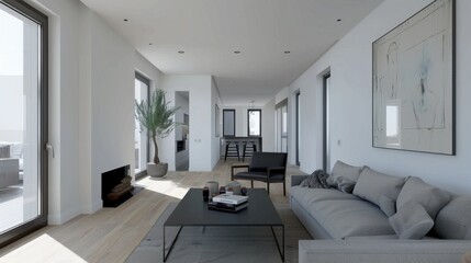 Poster - A large living room with a black coffee table and a black chair. A potted plant is on the table. A large picture hangs on the wall. The room is very spacious and has a modern feel
