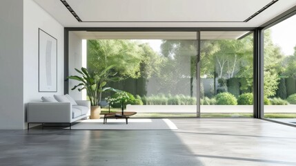 Poster - A large open living room with a white couch and a potted plant. The room is bright and airy, with a large window letting in plenty of natural light. The space feels clean and inviting