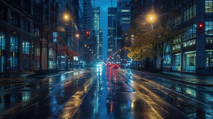Poster - A city street at night with rain and cars. The street is wet and the lights from the cars and street lamps reflect on the water. The scene is dark and moody, with the rain adding to the atmosphere
