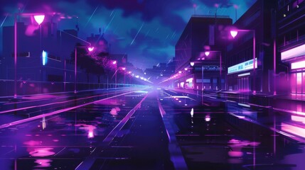 Poster - A city street at night with neon lights and rain. Scene is dark and mysterious