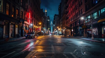 Aufkleber - A city street at night with a red neon sign that says 