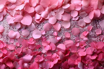 A vibrant arrangement of pink flower petals scattered with sparkling elements.