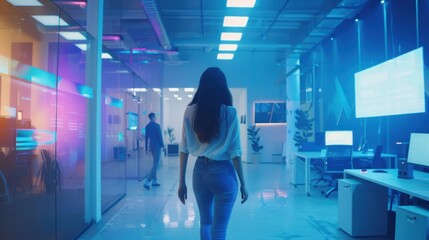 Poster - An office worker walks through a futuristic tech company workspace with colorful lighting during daytime hours