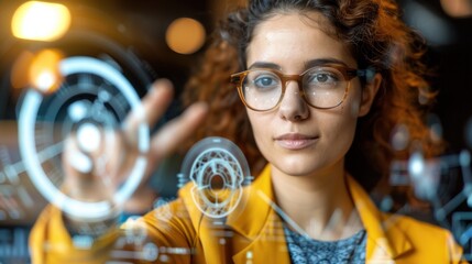 Leinwandbilder - An office worker at a tech startup interacts with futuristic interface technology during a creative brainstorming session