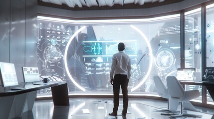 Poster - an office worker analyzing data in a futuristic open office with advanced technology and digital scr