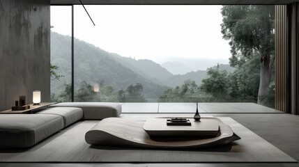 Poster - A modern living room with a large window overlooking a mountain. The room is furnished with a couch, a coffee table, and a vase. The atmosphere is calm and serene