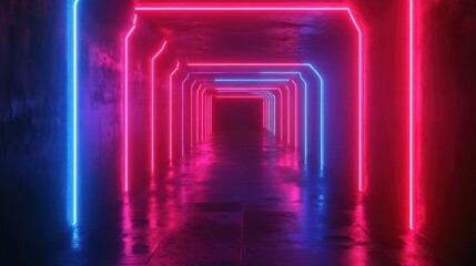 Wall Mural - a tunnel of neon lights in a dark tunnel