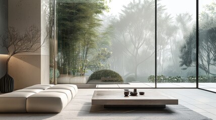 Poster - A living room with a large window and a vase on a table. The room has a modern and minimalist design