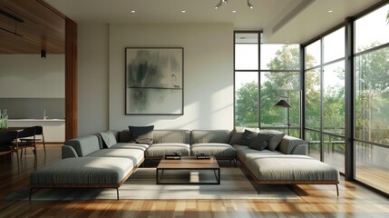 Poster - A large living room with a white wall and a black and white painting. The room is filled with furniture, including a couch, chairs, and a coffee table. The sunlight is shining through the windows