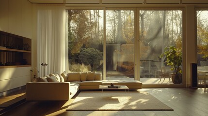 Poster - A large living room with a white couch and a white rug. The room is filled with natural light and has a cozy atmosphere