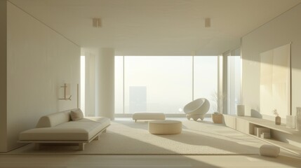 Poster - A white living room with a couch, a chair, and a coffee table. The room is very clean and bright, with a lot of natural light coming in from the large windows. The furniture is minimalistic and modern