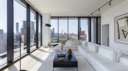 Poster - A large white living room with a black coffee table and a white couch. The room has a modern and minimalist design