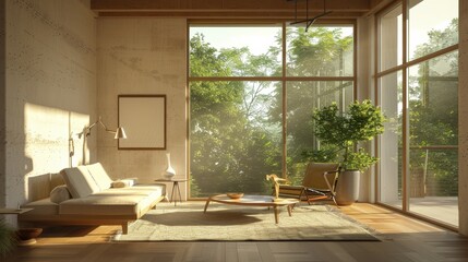 Poster - A living room with a large window and a potted plant. The room is very bright and airy, with a wooden floor and a white couch. The potted plant adds a touch of greenery to the space