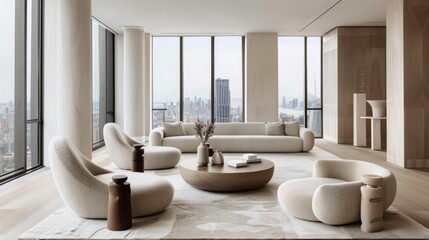 Poster - A large, open living room with a view of the city. The room is filled with white furniture, including a couch, chairs, and a coffee table. There are also several vases