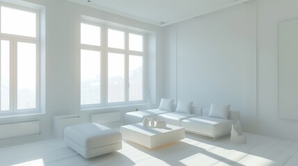 Poster - A white living room with a couch, a coffee table, and a few vases. The room is bright and airy, with sunlight streaming in through the windows. The furniture is minimalistic and clean