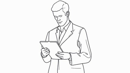 Poster - A financial advisor interacts with a tablet, showcasing modern digital services in a minimalist line art style