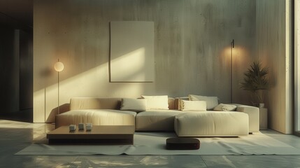 Poster - A living room with a white couch and a white coffee table. The couch is covered in white pillows and the coffee table has a vase on it. The room is well lit and has a clean, modern feel