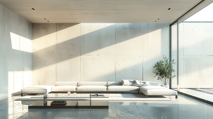 Poster - A living room with a white couch and a potted plant. The room is very clean and has a modern feel to it