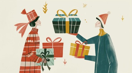 Aufkleber - A joyful holiday gift exchange featuring two people sharing beautifully wrapped presents in a festive atmosphere
