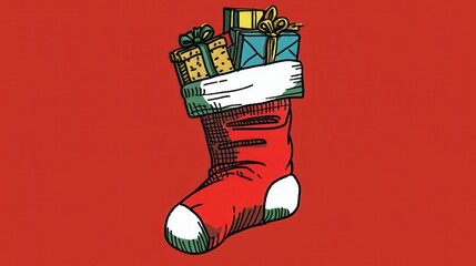 Poster - A minimalist drawing of a Christmas stocking overflowing with colorful gifts against a vibrant red background, capturing festive joy
