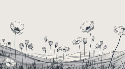 Poster - Minimalistic line art depicting a spring meadow filled with flowers, showcasing seasonal renewal and the beauty of nature's simplicity